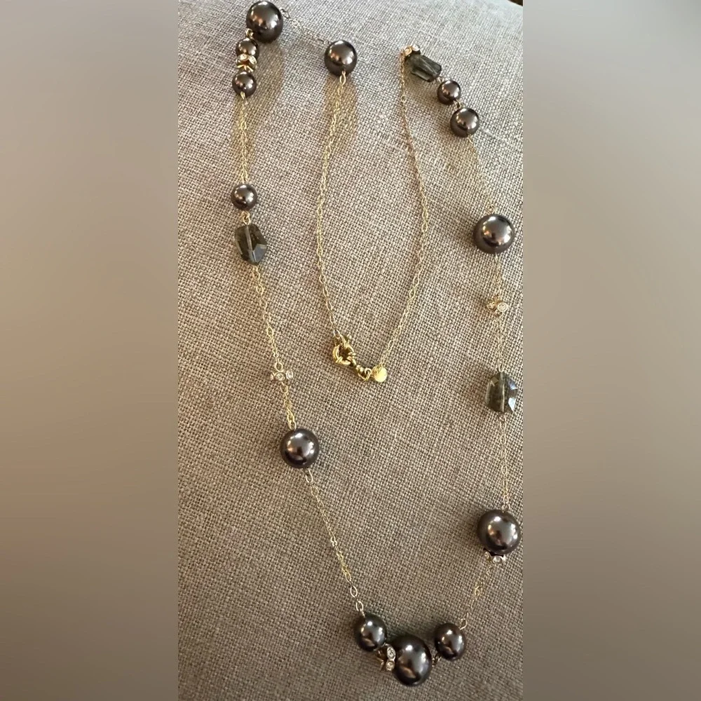 J J. Crew Extra Long Necklace Chain Faux Pearl Crystals Beaded Rhinestone Charms